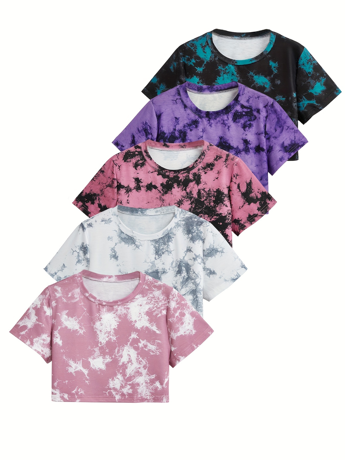 Women's Tie-Dye Short Loose Fit Casual Sport T-Shirt 5pcs Set