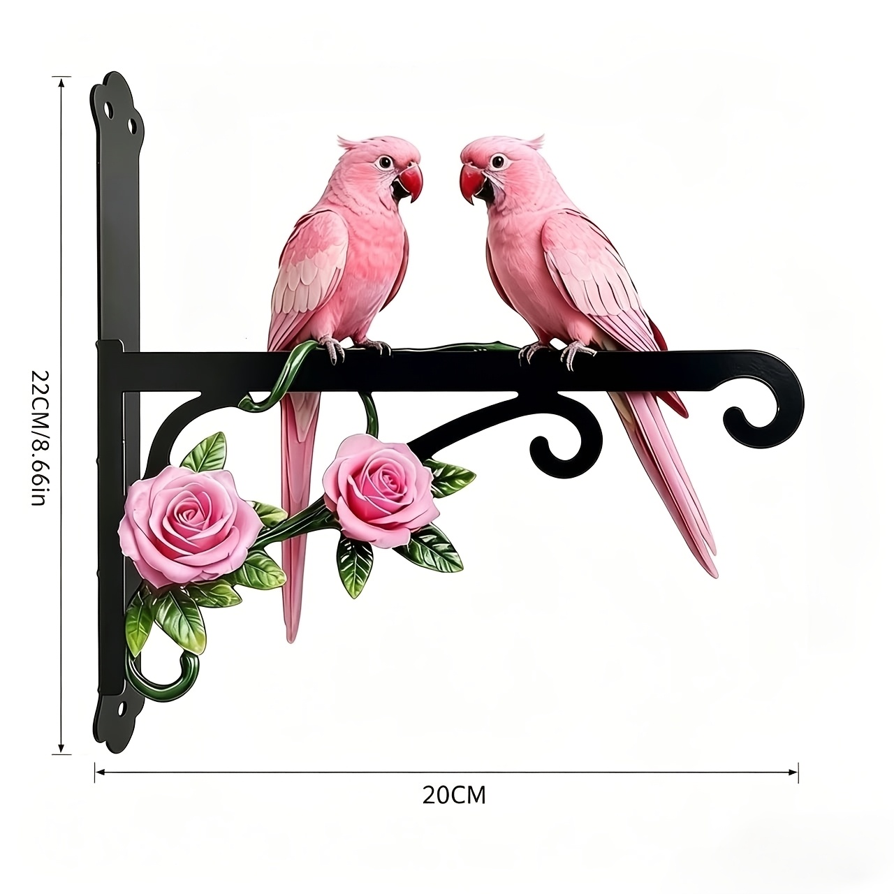 E-shop Wandmontiertes Hängeregal für den Außenbereich aus Metall in Rosa mit Zwei-Papageien-Motiv, dekoratives Kunsthandwerk mit lebendigen Farben,