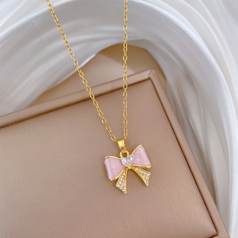 TEMU 1pc Sweet Drip Bow Elegant Full- Necklace - Fashionable Sweet Drip Bow Necklace With Titanium Steel Chain - Graduation Season Anniversary