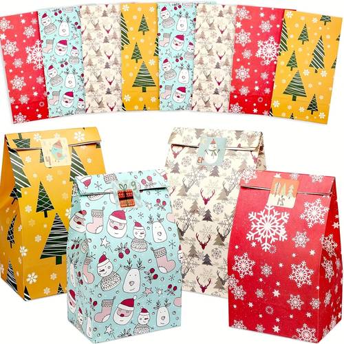 pack of 24 12 mixed packaging bags 12 red sealing stickers packaging christmas snowflake and reindeer gift bags with stickers holiday new