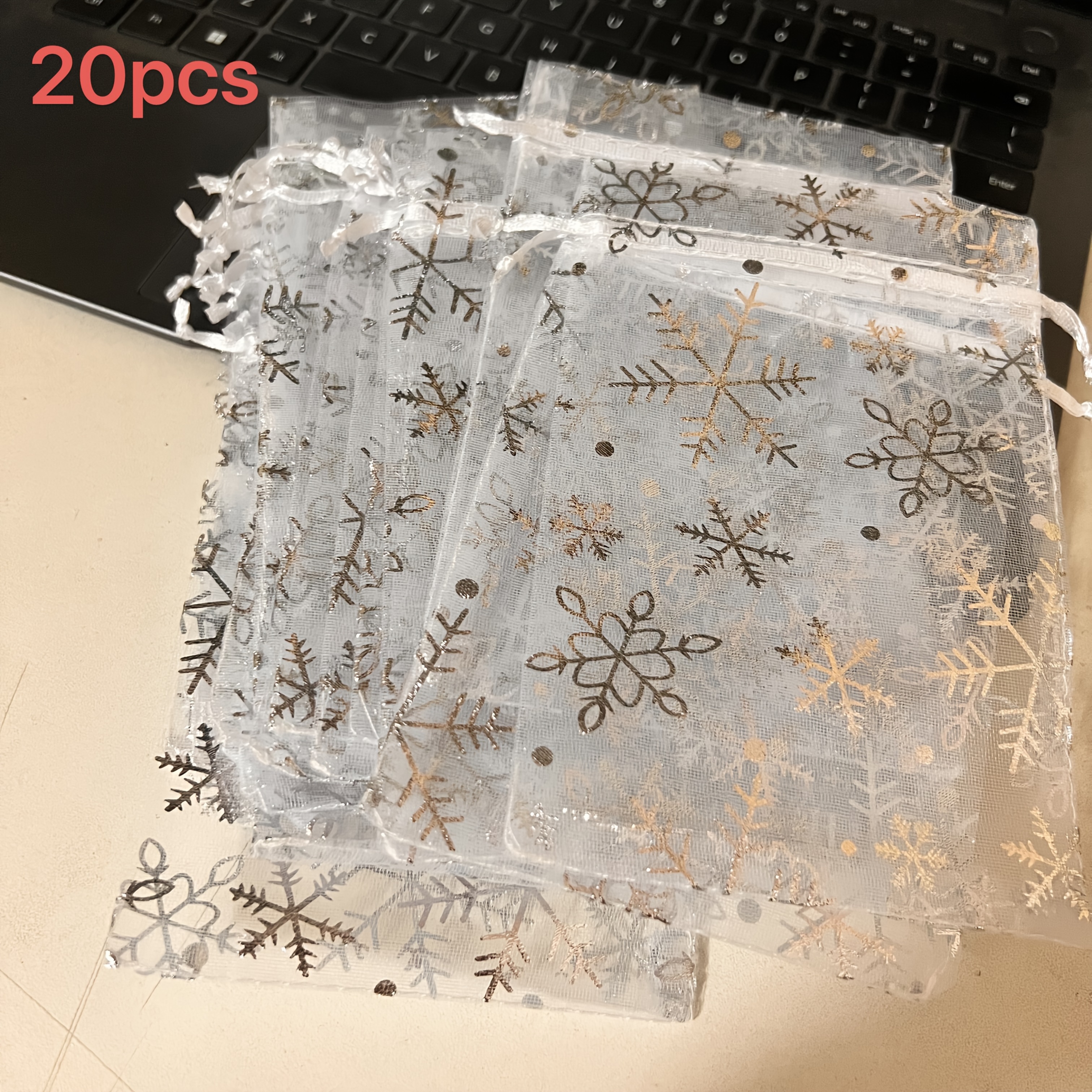 TEMU 20 stuks organza transparante sneeuwvlok cadeauzakjes, trekkoordzakjes voor accessoires, cadeauverpakkingszakjes voor feestdagen, snoepzakjes