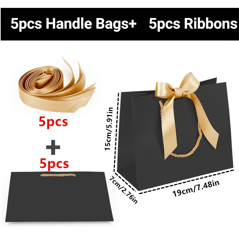 TEMU Gift For Her/him Set Of 10 Items (5 Golden Ribbons And 5 Black Gift Bags) Featuring Golden Bowknot Handles, Offered In 3 Sizes (large, Medium,