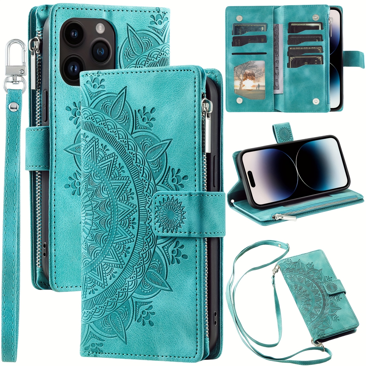 Wallet Case with Zipper And Credit Card Holder for Iphone Models Including 16, 15, 14, 13, 12, 11 Pro Max, SE 2022, SE 2025, X, XS, XR, XS Max, 16 Plus, 13 Mini, 7, And 8 Plus, Featuring Shoulder Straps And a Shockproof Flip Folio Design Suitable for Both Men And Women.