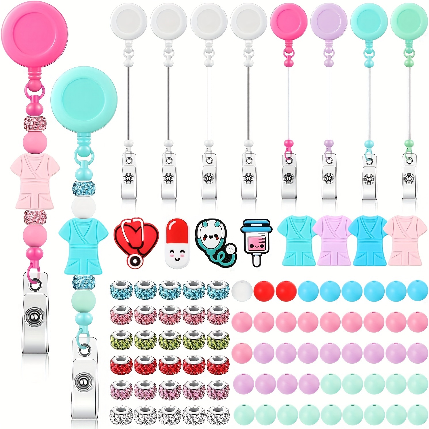 

8pcs Nurse-themed Beaded Badge Reel Set With Silicone Spacers - Diy Craft Kit For Exquisite Jewelry Making