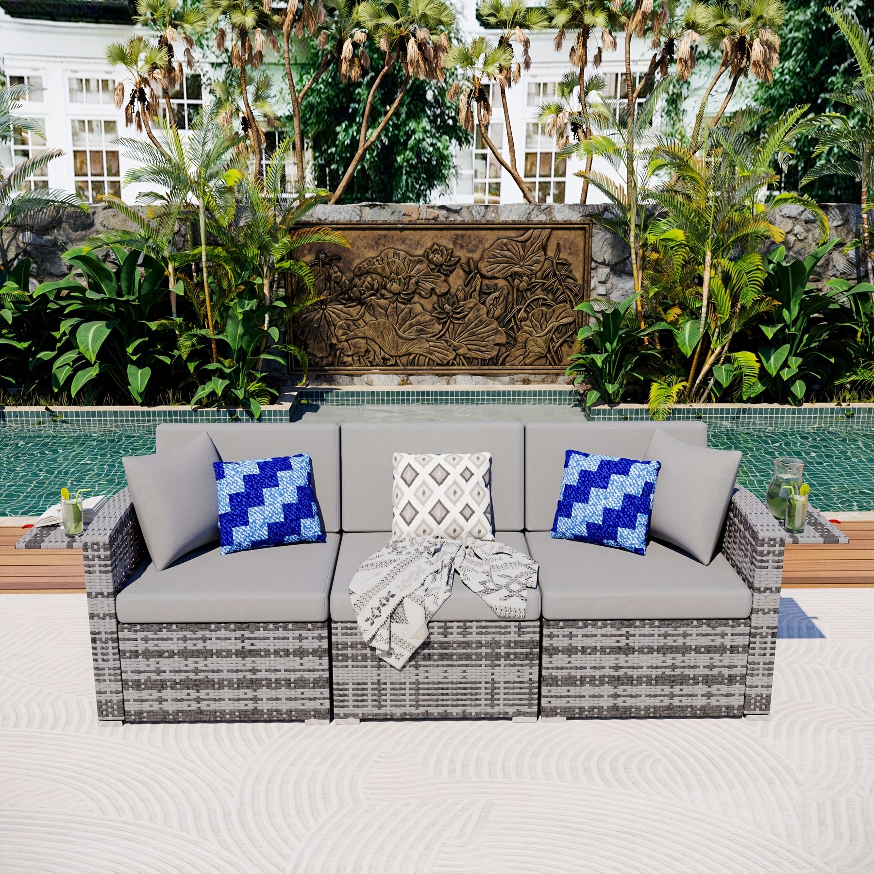 [Patio Furniture Set] 3pcs PE Rattan Patio Furniture Set | All-weather Wicker Modular Couch With Cushions, Outdoor Conversation Set For Porch Backyard Garden
