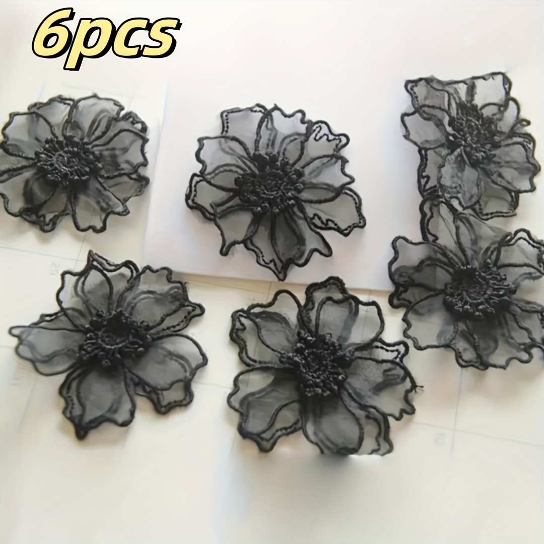 E-shop 6-teiliges Set Luxuriöse Schwarze Organza Blumenflecken - 3D Spitzen Braut Hochzeitskleid Zusätze, Vintage Blumen Stickerei Flecken für formelle