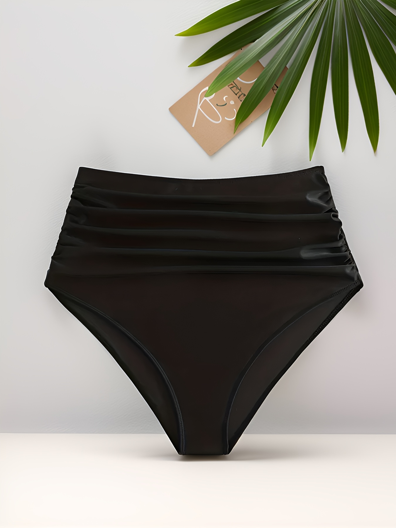Elegant High-Waisted Swim Bottoms for Women - Polyester and Elastane Blend, Frill Detail, Solid Color, High Stretch, Knit Fabric Bikini Bottoms