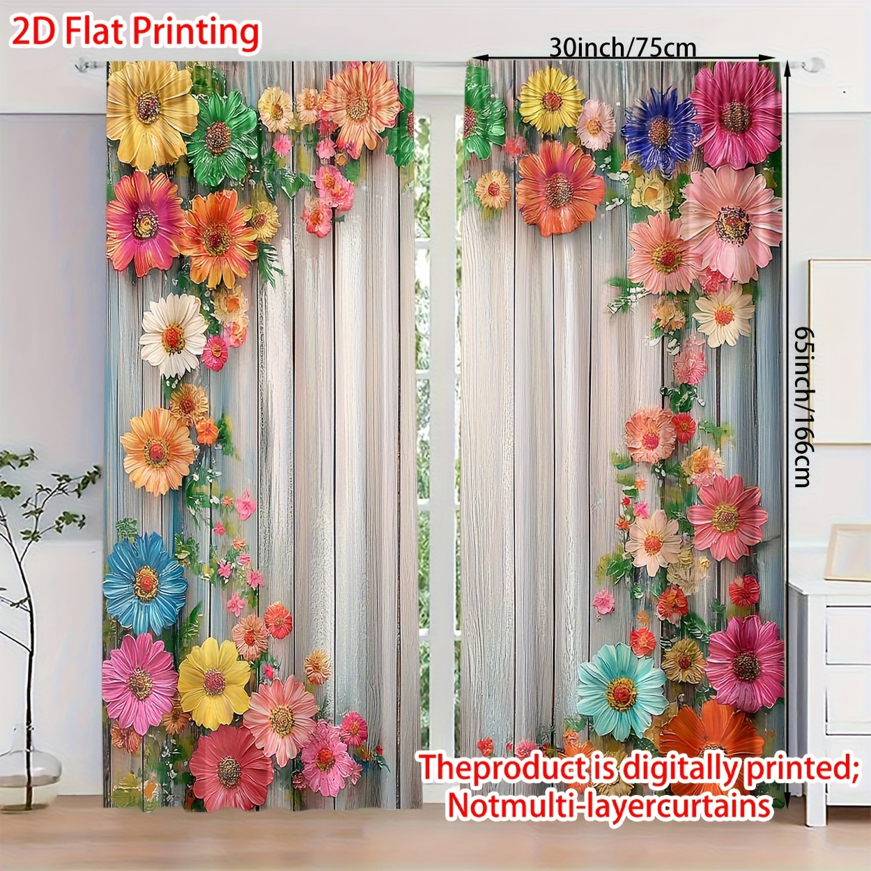 TEMU 2pcs 2d Flat Non-layered Curtains, Polyester Material With High-quality Floral Print, Light Filtering Design For Bedroom, Living Room, Office &