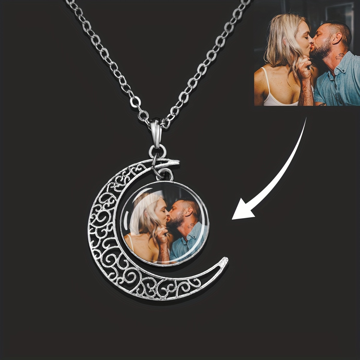 

Personalized Photo Crescent Moon Pendant Necklace For Men And Women - Custom Image, Luminous Glass Dome, Zinc Alloy