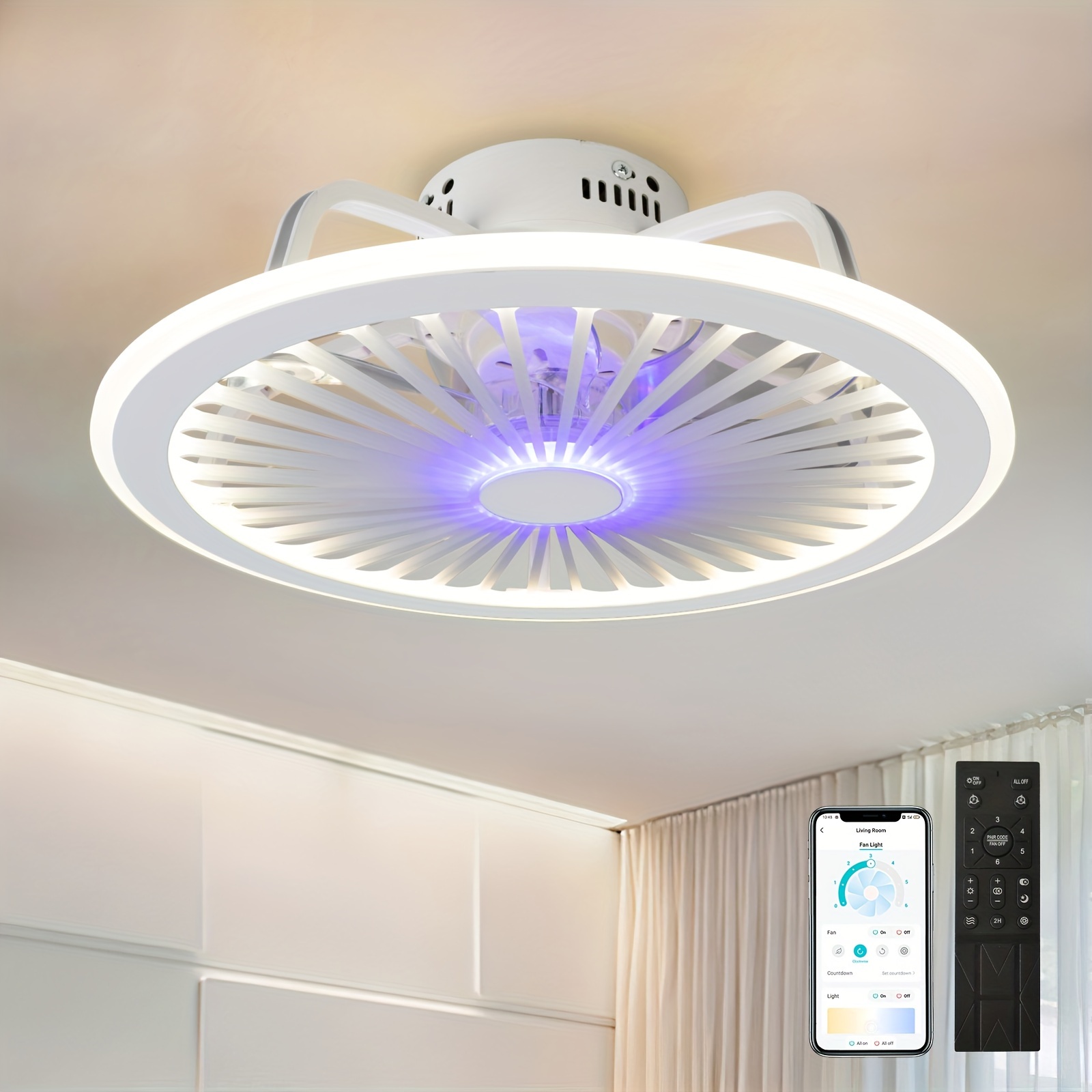 TFCFL Lámpara de ventilador de techo blanca tricolor moderna 2 en 1, luz  LED invisible, 3 colores atenuación con control remoto, ventilador de  techo