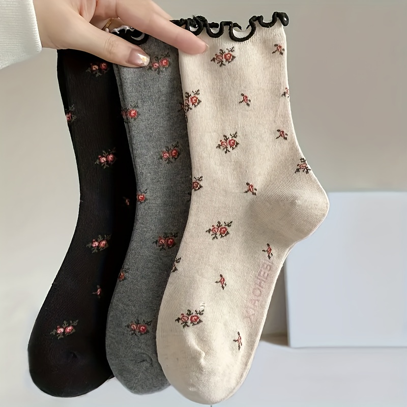 E-shop 3 Paar Damen Vintage Blumen Socken mit gewellten, rüschenbesetzten Mid-Calf Socken