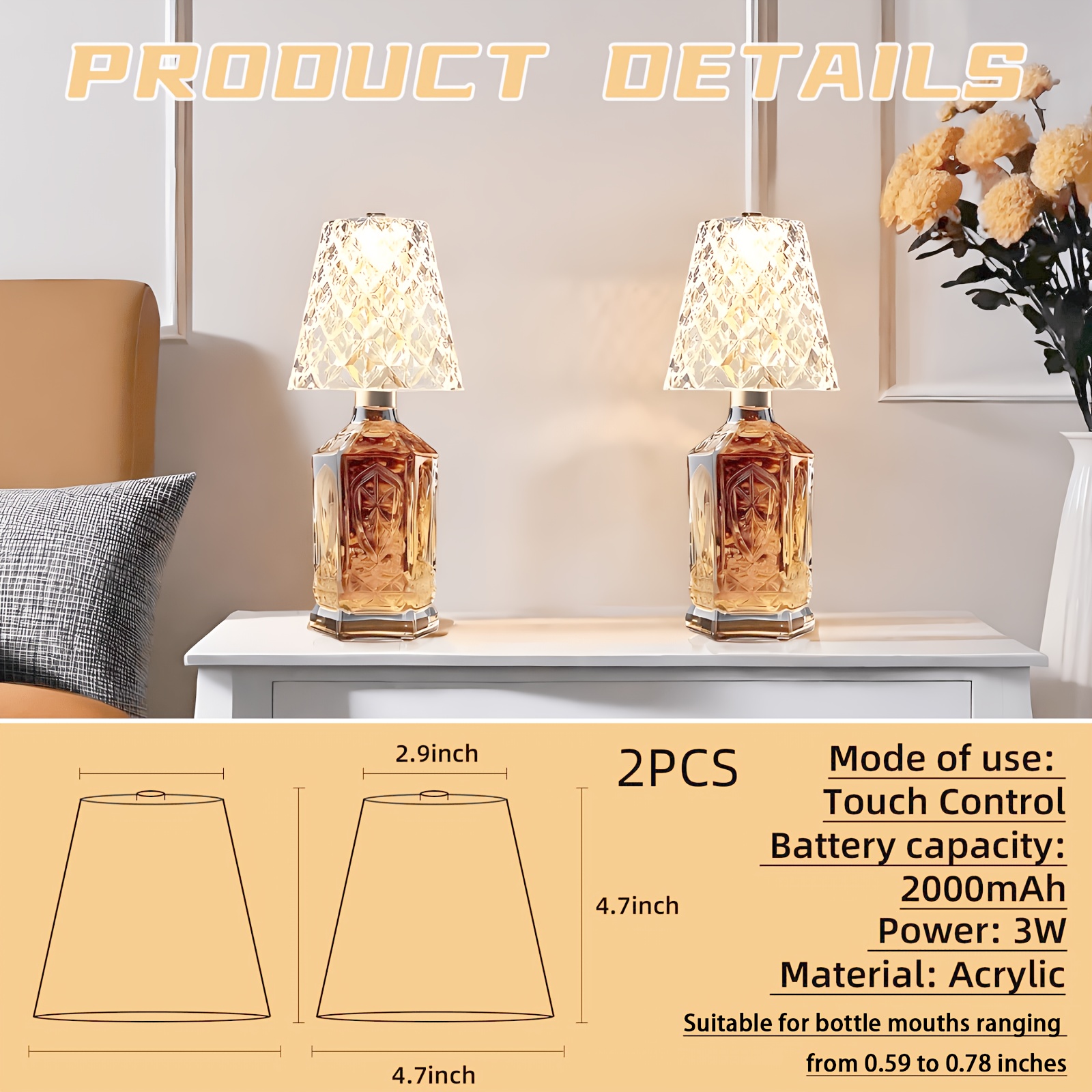 TEMU Rechargeable Dimmable Led Bottle Table Lamp With & Acrylic Lampshade - Suitable For, Office, Wine-themed Decor, Dimmable, - For Ambient (no)