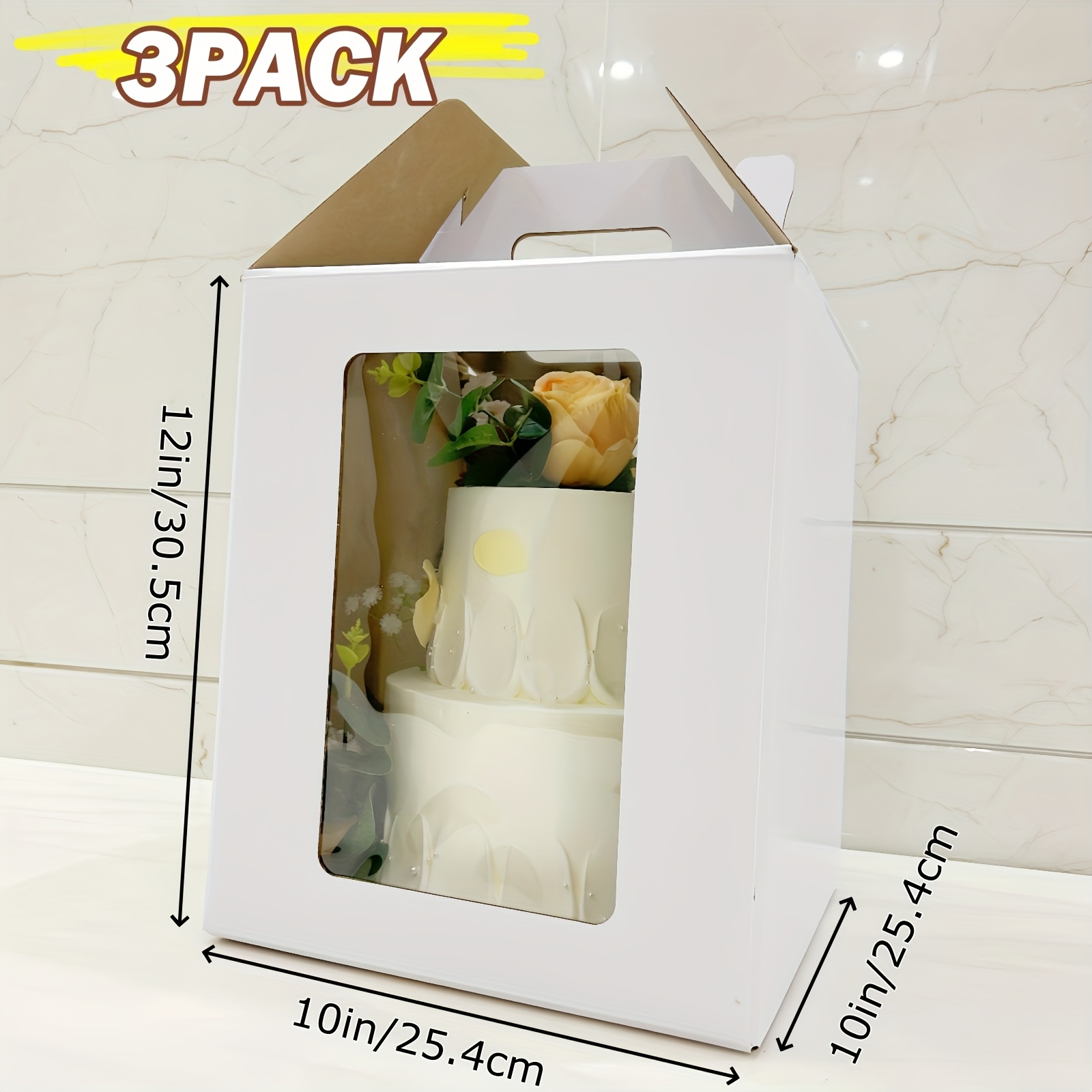 Image of 3 Pack Cake Boxes With Windows | 10x10x12in Tall Cake Carrier, Tiered Cake Box, Layer Cake Box, Large Cake Box, Ideal For Wedding, Birthday, Party, Paper Material, Clip-on Closure, Freezer Safe