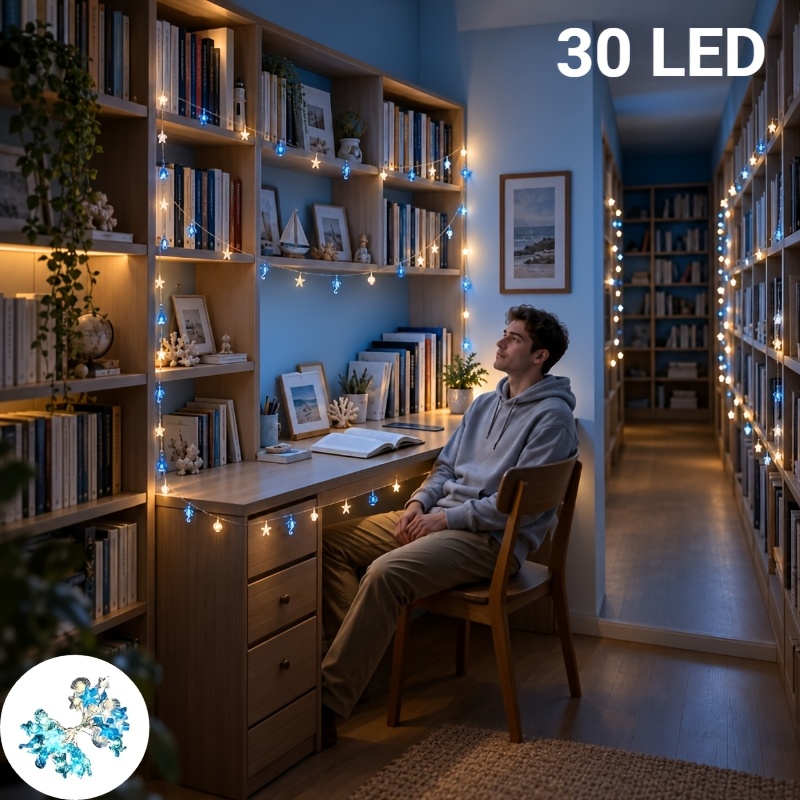 TEMU Guirlande Lumineuse à 30 LED sur le Thème de l'Océan pour la Guérison, Alimentée par Piles avec Coquillages, Étoiles de Mer, Hippocampes et