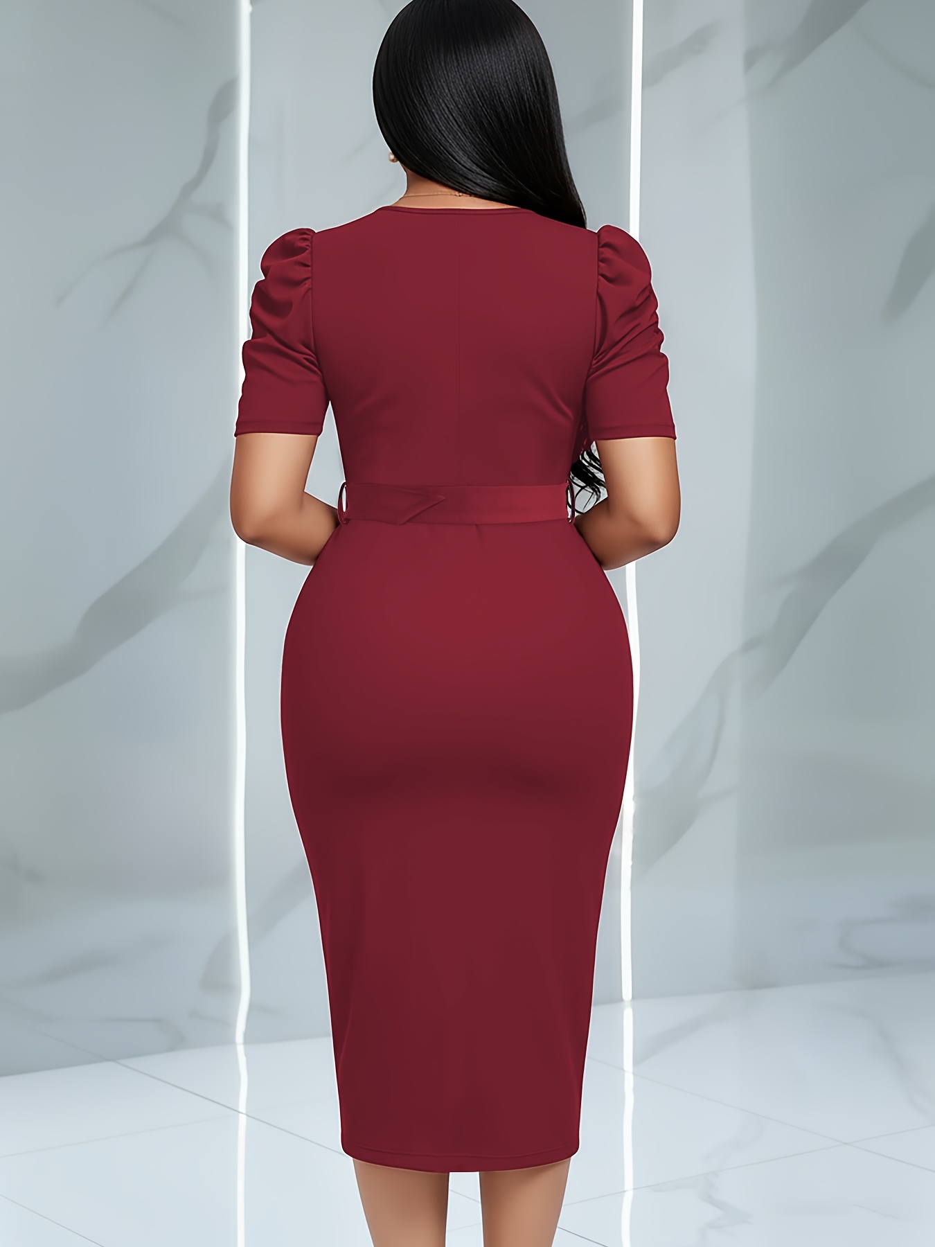 This Women's dress is elegant, simple, mature, and confident. It features a solid color, V-neck, puff sleeves, and a belt. It's fashionable, versatile, and suitable for Casual Attire or dates.