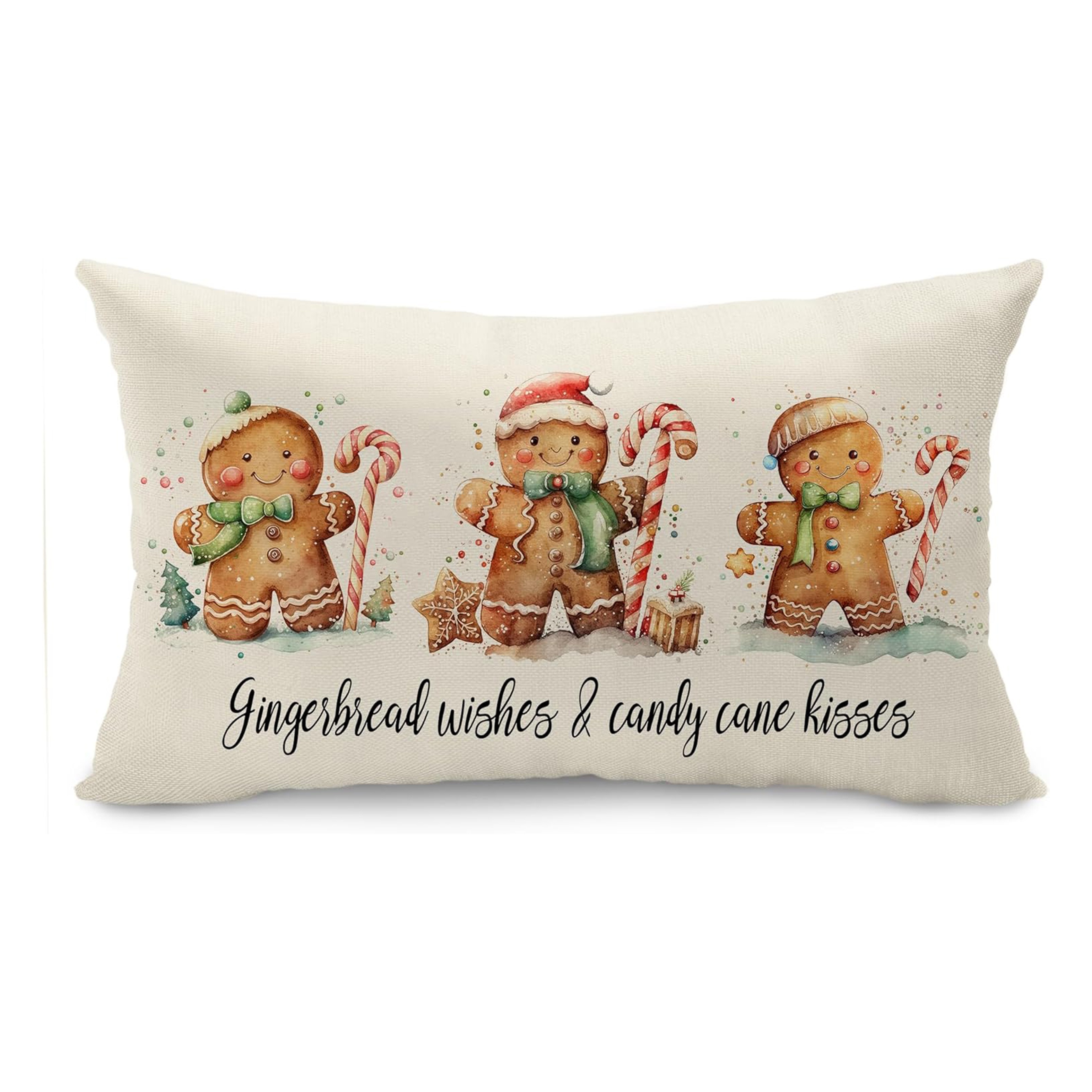 

1pc Contemporary Gingerbread & Candy Cane Wishes Polyester Throw Pillow Cover 12x20 Inch - Machine Washable, Woven Decorative Pillow Case With Button Closure For Home Couch Christmas Decoration