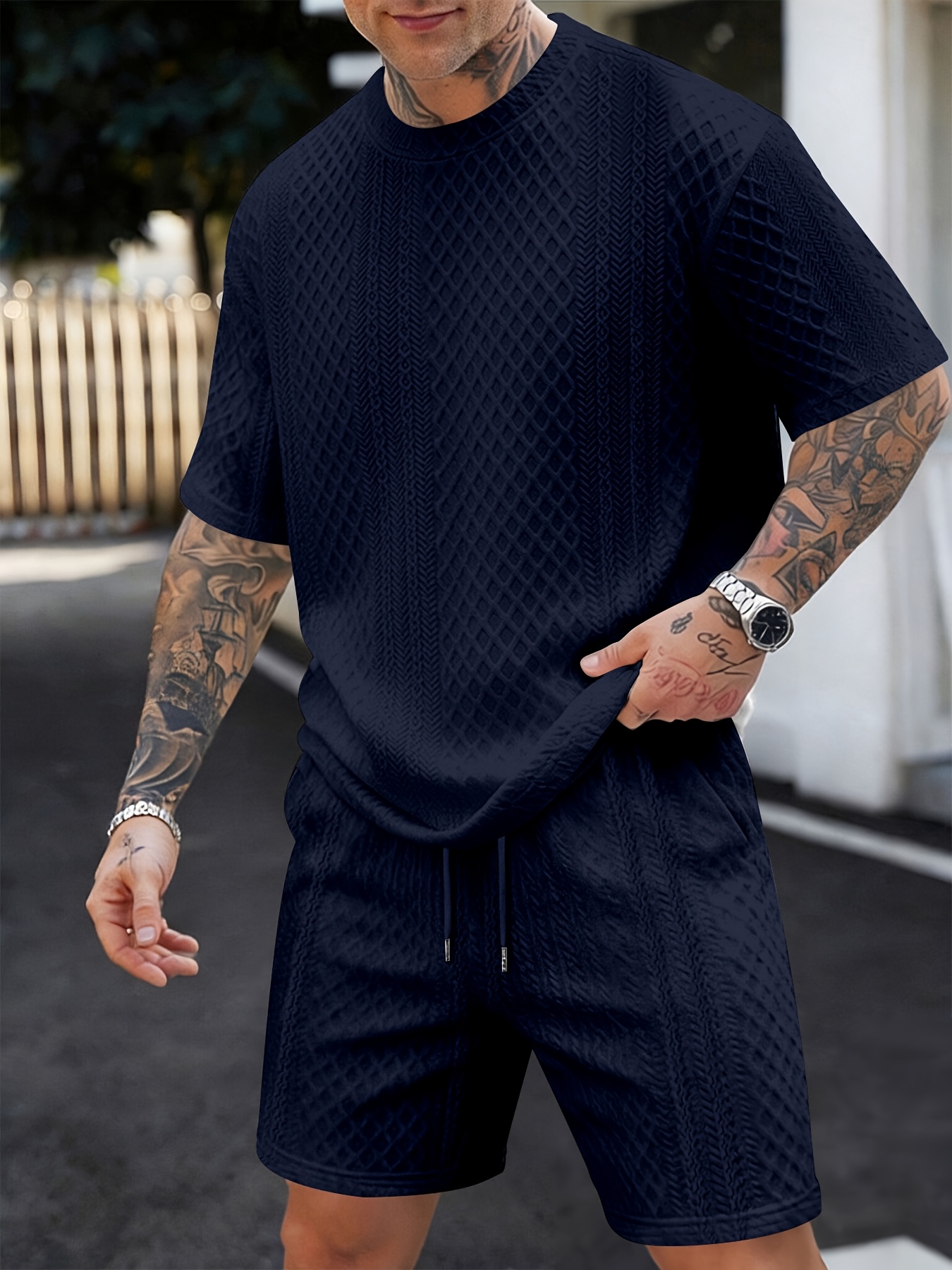 Men's New Textured Fabric Crew Neck T-Shirt + Drawstring Shorts Set