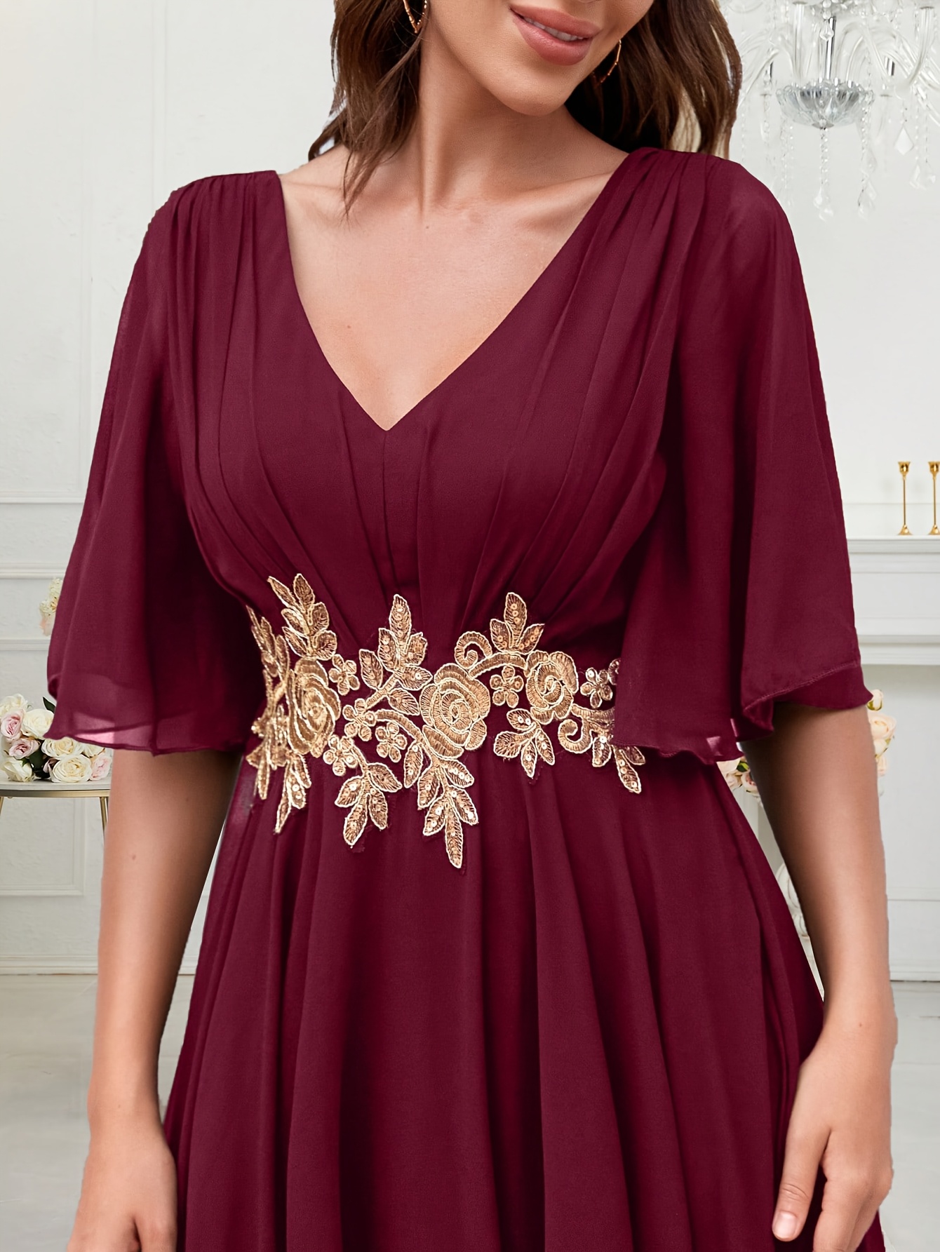 short chiffon junior bridesmaid dresses Zapaka Women Purple Chiffon Short Sleeves Long Junior Bridesmaid Dress  V-Neck A-Line Wedding Guest Dress – ZAPAKA main image 1