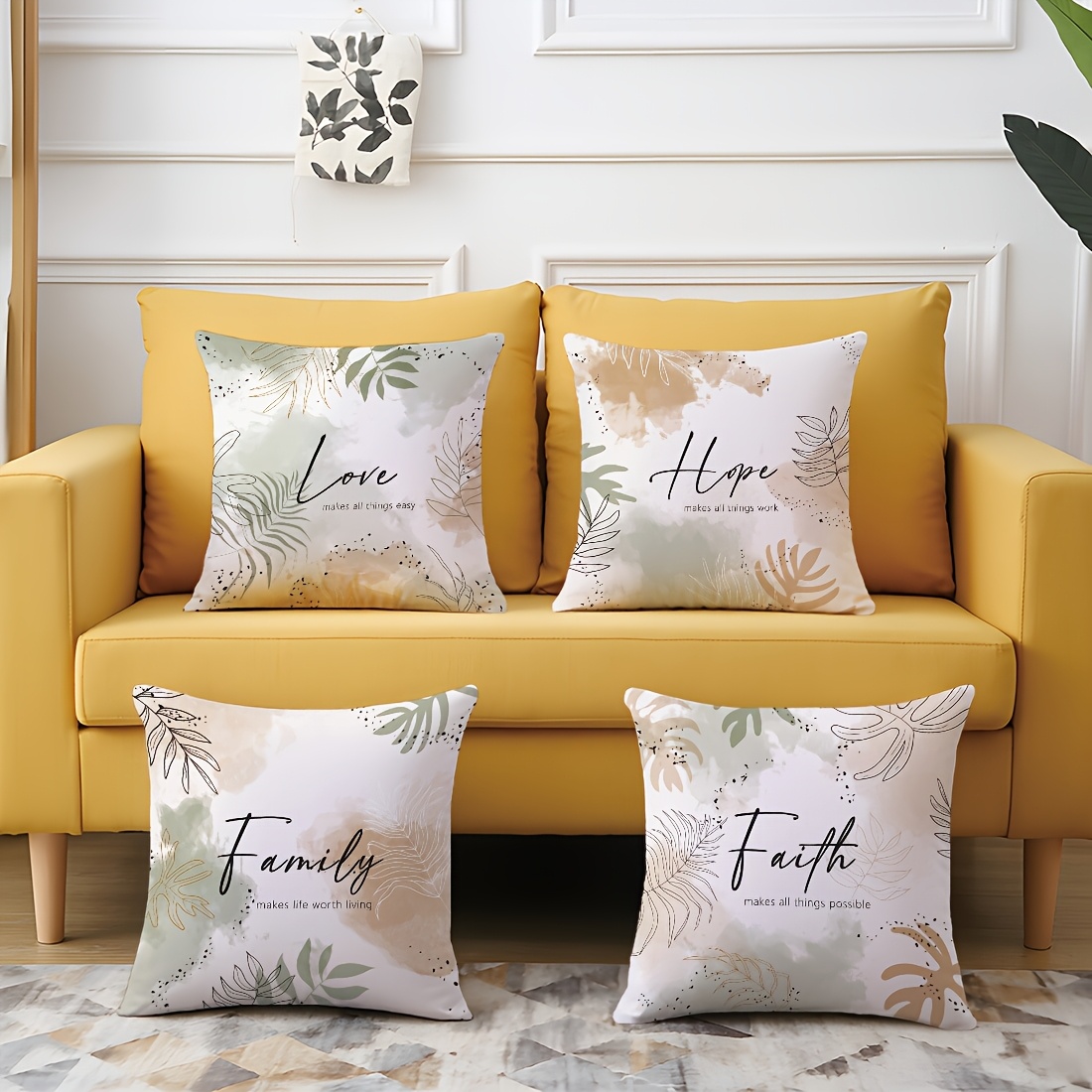 TEMU 4pcs Set, Double-sided Printed Pillow Covers Featuring Watercolor Plants And Inspirational Quotes, Measuring 17.7 X 17.7 Inches, Suitable For