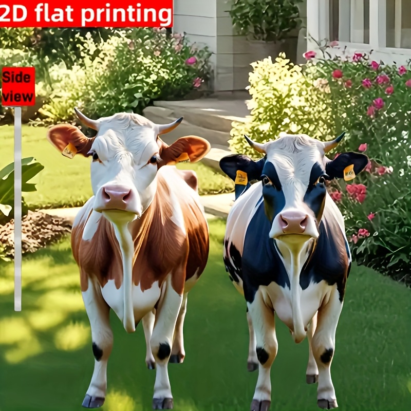 Image of 2d Flat - A Set Of 2 2d Flat Cow-themed Garden Stakes, Suitable For Outdoor Use, Designed For Flower Pots And Landscaping, To Your Yard And Lawn Decorations