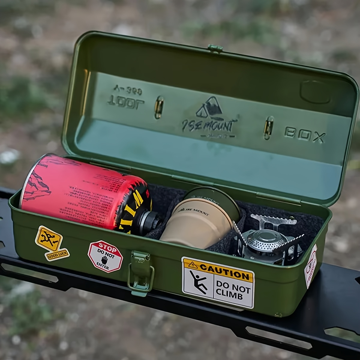 1pc heavy duty iron tool storage box with stickers felt lining grip portable outdoor toolbox for tools and accessories white double locking mechanism rust resistant moisture proof durable metal construction ideal for outdoor activities camping hiking and professional use