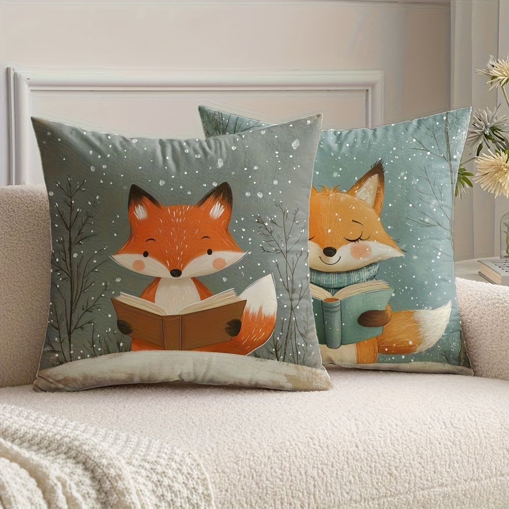 TEMU 2pcs Fox Reading Book Decorative Pillow Covers - Cozy Winter Snowflake Pattern, Soft Pastel Colors, Zipper Closure & Machine Washable - Living