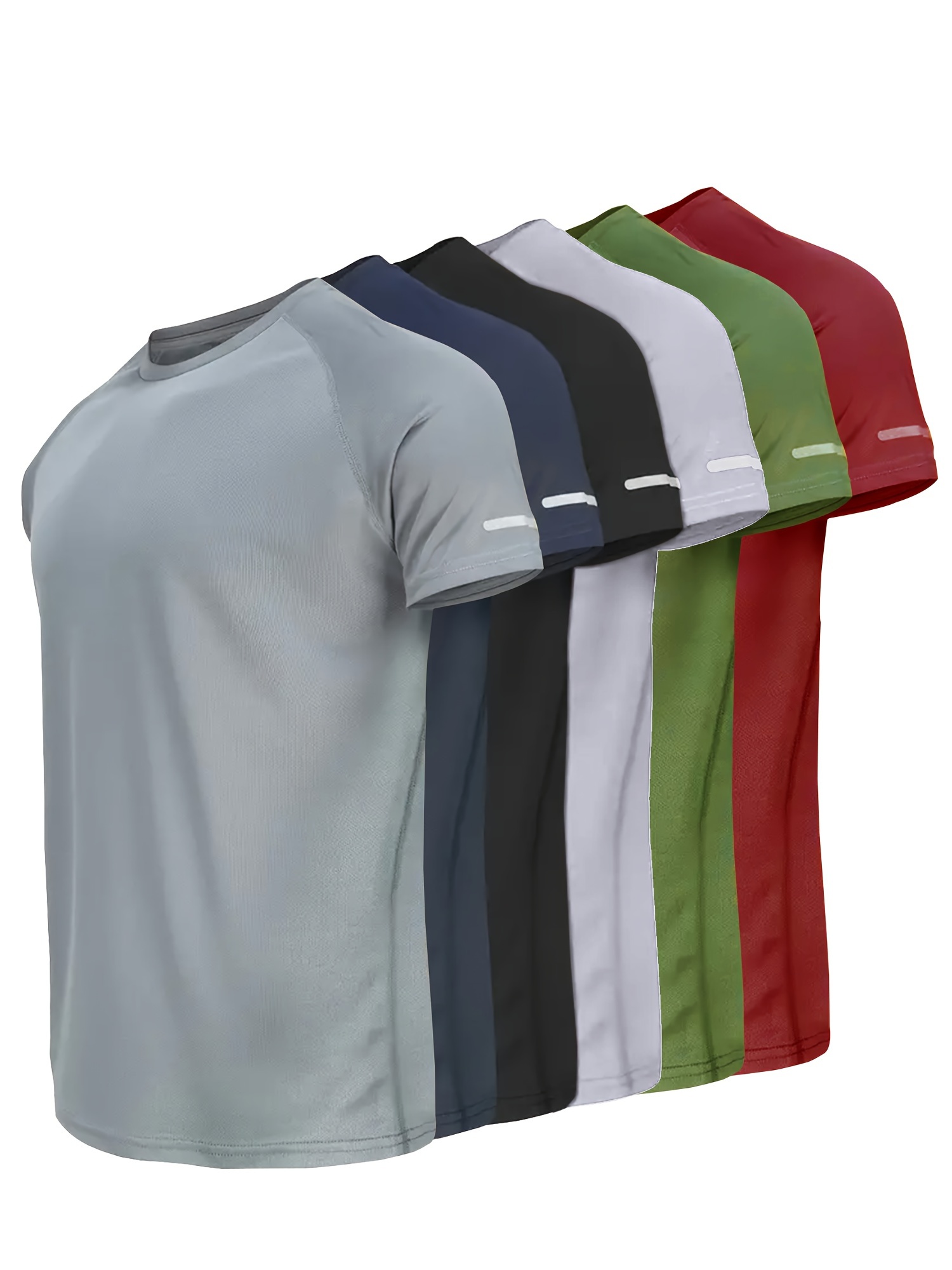 6 T-shirts pour Homme Respirants et Séchage Rapide avec Bandes Réfléchissantes - Couleurs Gris/Bleu Marine/Noir/Blanc/Vert Olive/Rouge, T-shirts de Sport, Coupe Décontractée, Tissu Respirant, Texture Douce, Performance Sportive, Col Rond, Construction Durable, Vêtements de Performance, Homme Actif