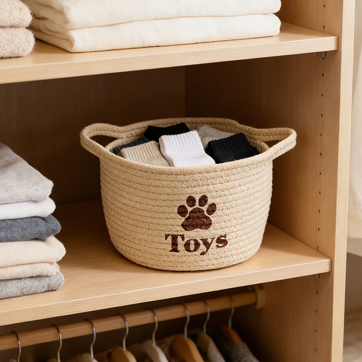 TEMU Woven Storage Basket Paw Print Design, Toy Storage Basket Large Stacked, Living Room Snack Storage Basket Light, Suitable For