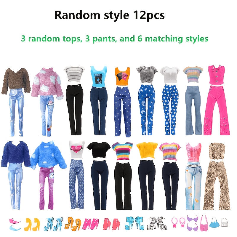 Image of 12pcs Of Random Doll Clothing, Suitable For 11.5-inch Female Dolls, 3 Random Tops, 3 Pants, 6 Additions, Fun Gifts For Children, Suitable For Festivals, Products Do Not Dolls
