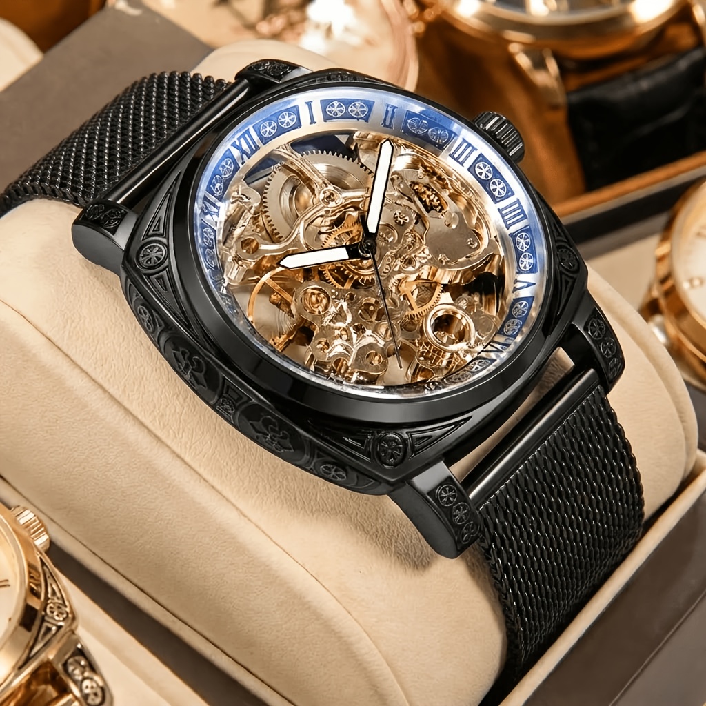TEMU 1pc Reloj mecánico hueco de tourbillón totalmente automático con diseño cinturón de malla y negro para hombre, sin batería
