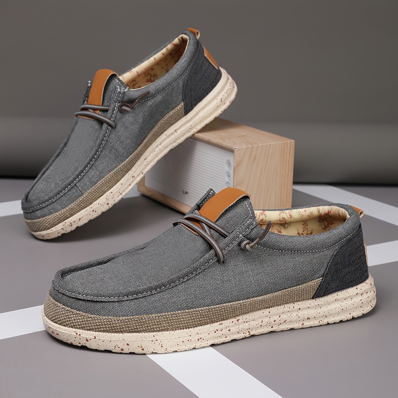 *'s Slip-On Loafers with Lace-Up Detail Dark Gray Orange Contrast,  Breathable Fabric Upper EVA Cushioned Sole for Casual