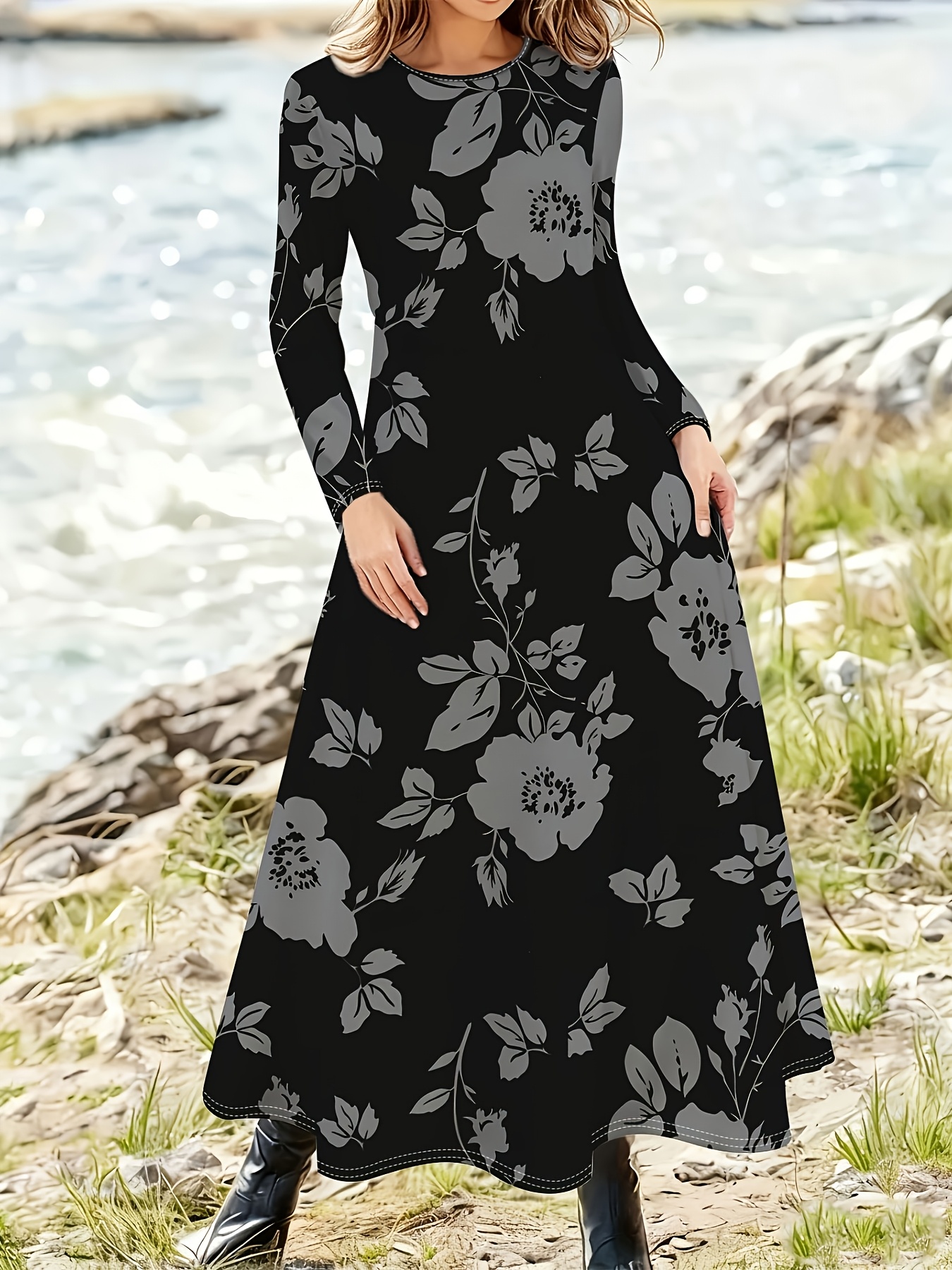 Printed Design Spring And Autumn * * Gray Floral Pattern Print Dress  Long-Sleeved Dress