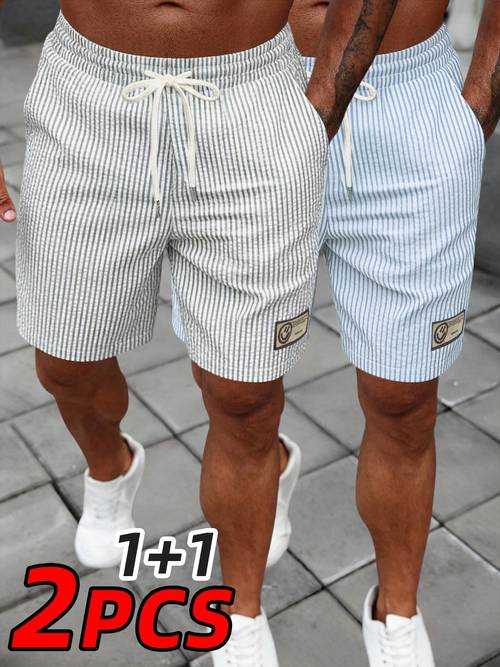 mens casual striped shorts 2pcs drawstring waist striped bubble check pattern lightweight and breathable soft and comfortable suitable for daily casual sports outdoor activities beach or outdoor camping travel and vacations