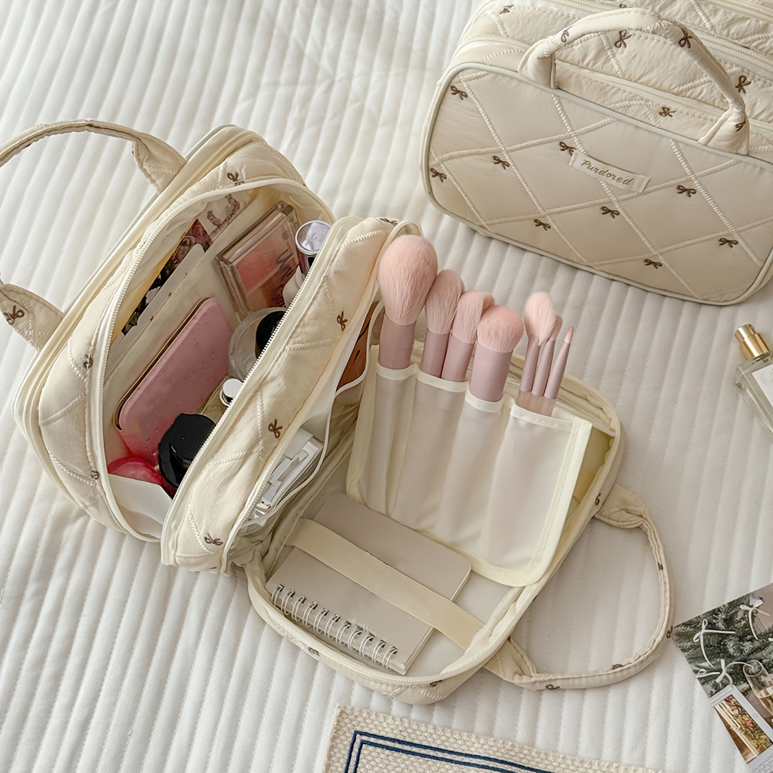 Image of Large Capacity Apricot Makeup Bag - Travel Cosmetic Organizer With Compartments, & /korean Style Suitable For Toiletry Storage, Portable Handheld Pouch For,, Gym, Daily Use
