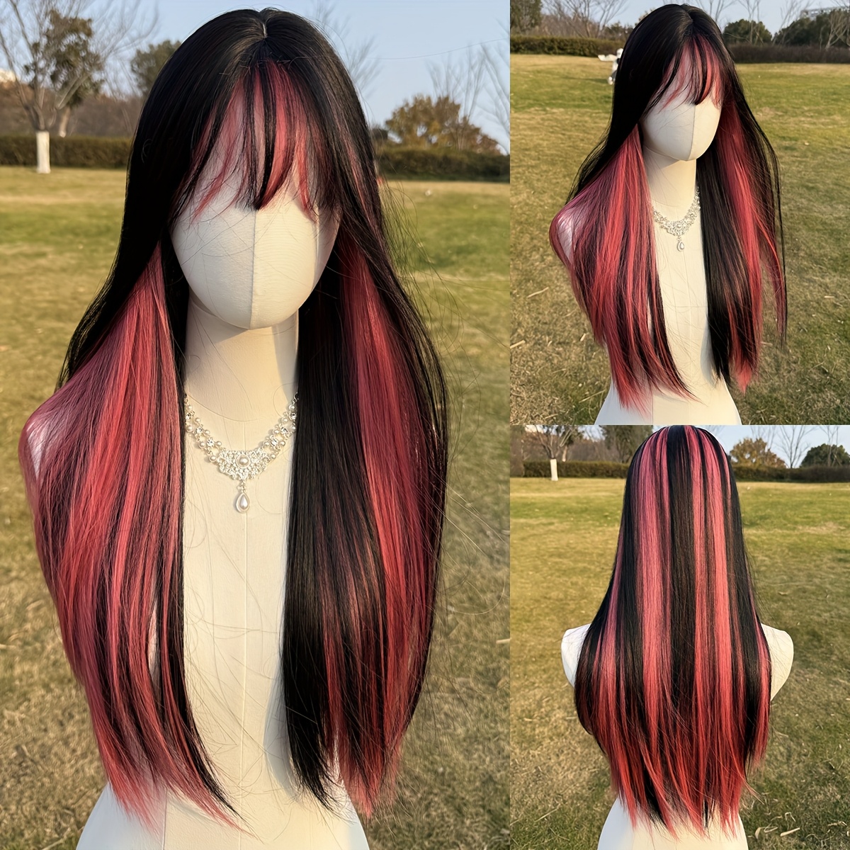 TEMU High-end Black High-gloss Wig With Bangs Straight Hair-very Suitable For Daily Wear And Electronic Syllables, Valentine's Day Party Wear.