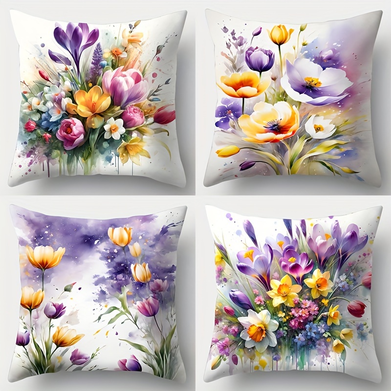 

4-piece Set Contemporary Floral Throw Pillow Covers, Single-sided Print, 17.7x17.7 Inches, Polyester, Zip Closure - Perfect For Sofa & Home Decor (inserts Not Included)