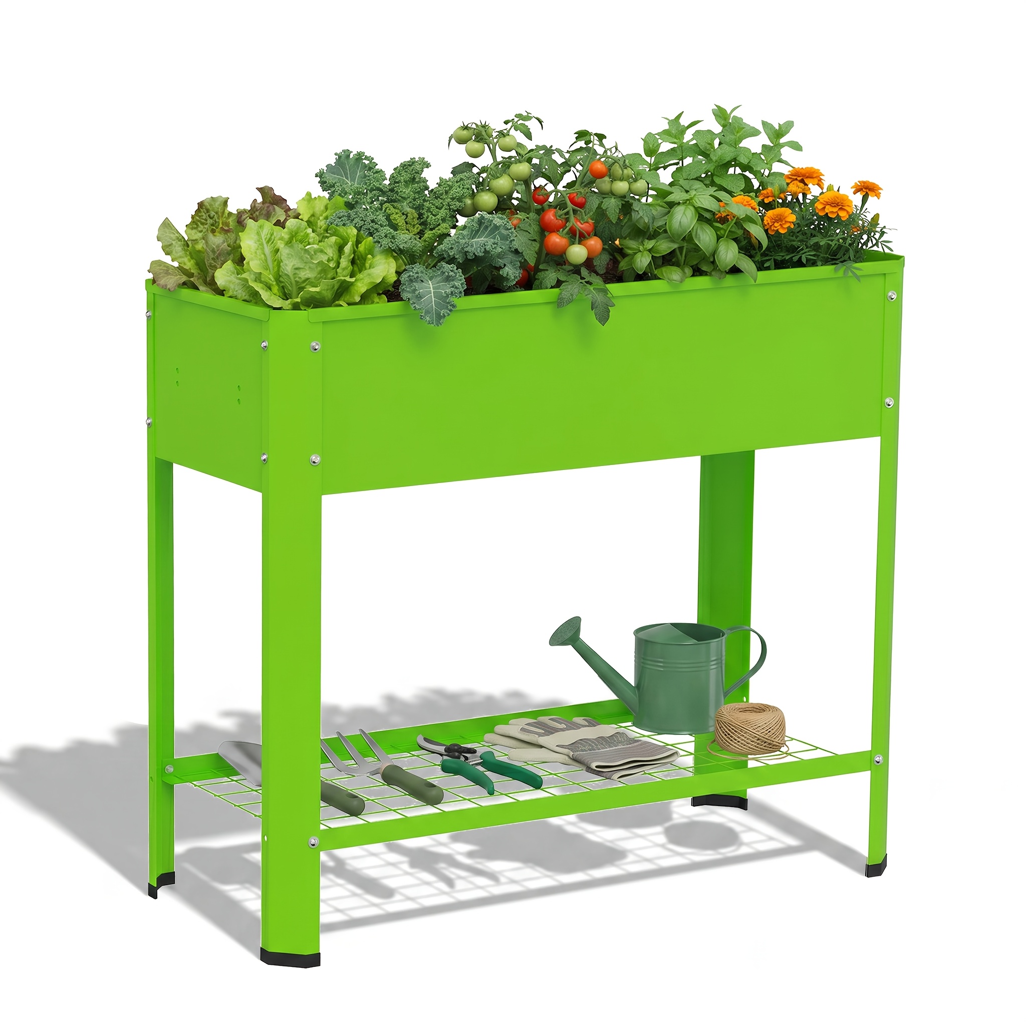 Raised Bed With Grid Shelf, Metal Bed, Garden Bed, Raised Bed Trolley For Courtyard, Balcony And Terrace. Black/green