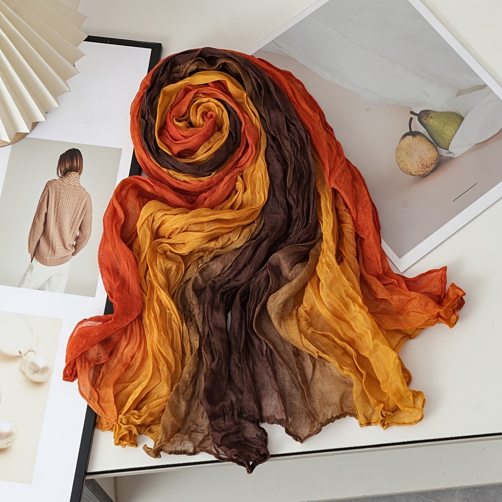 Image of 1/4pcs Color-block Gradient Crushed Thin Warm Scarf Table Runner Napkin - Gradient Color-block Warm Scarf Retro All-match Thin Women's Long Pleated Shawl Gradient Crushed Autumn Winter Printed Scarf