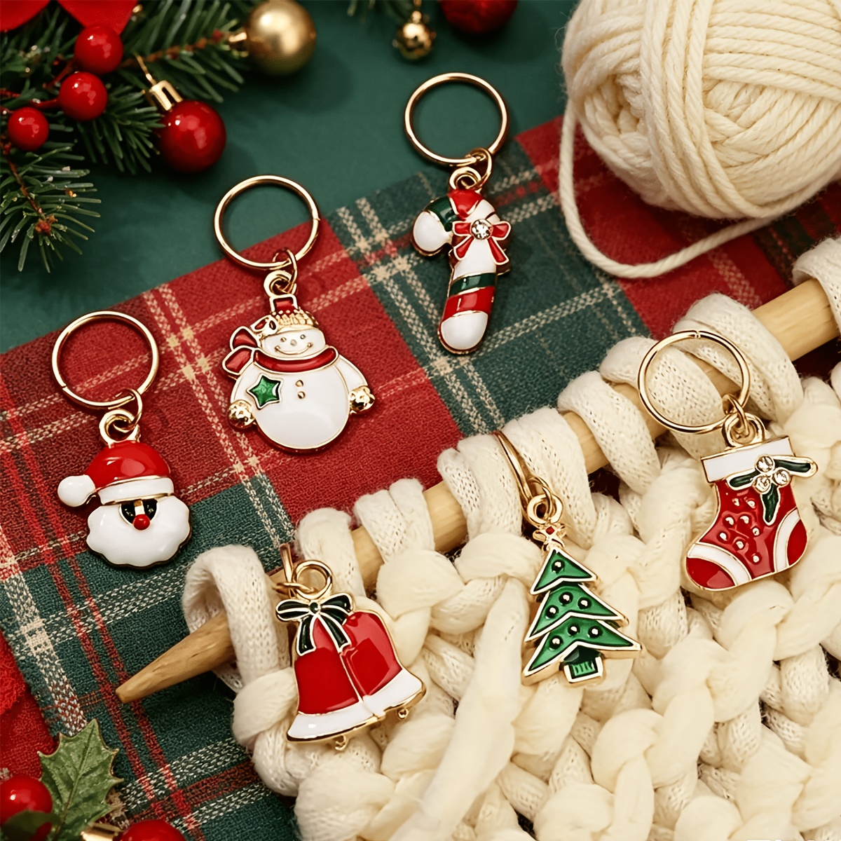 TEMU 6pcs Christmas Enamel Markers, Gold Plated Knitting Holders With Santa, Snowman, Tree, Bell & Stocking Designs, Locking Markers For Crochet &