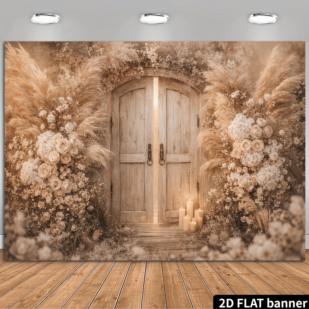 TEMU Toile de Fond Porte en Bois Vintage Plate 2D avec Roses Champagne et Herbe de la - Double Porte Usée Adaptée aux , Fêtes, Photographies en