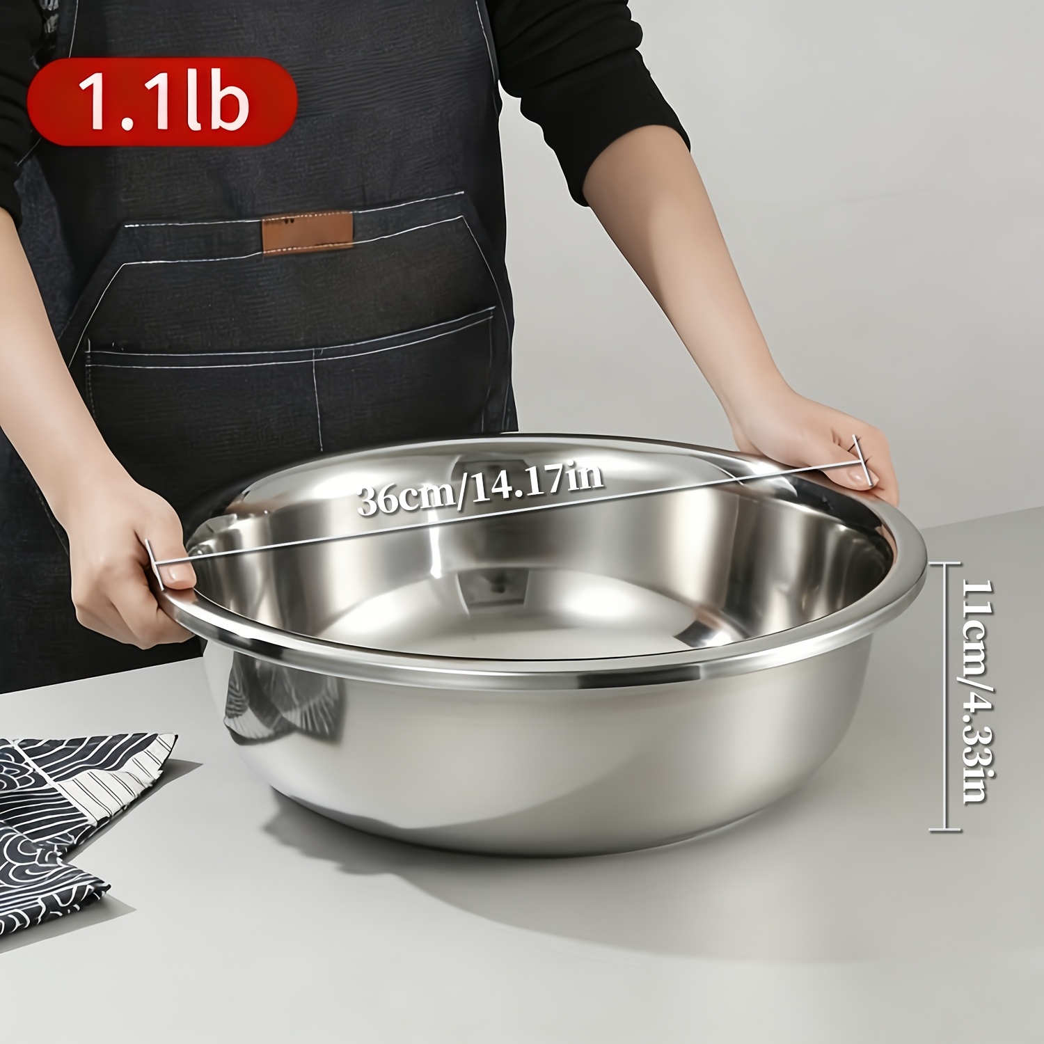 TEMU 40cm/ 15.74inch& 36cm/ 14.2inch Extra Large Stainless Steel Mixing Bowl, Heavy Duty Deep Base , Suitable For Cooking, Baking, Salad Dough|