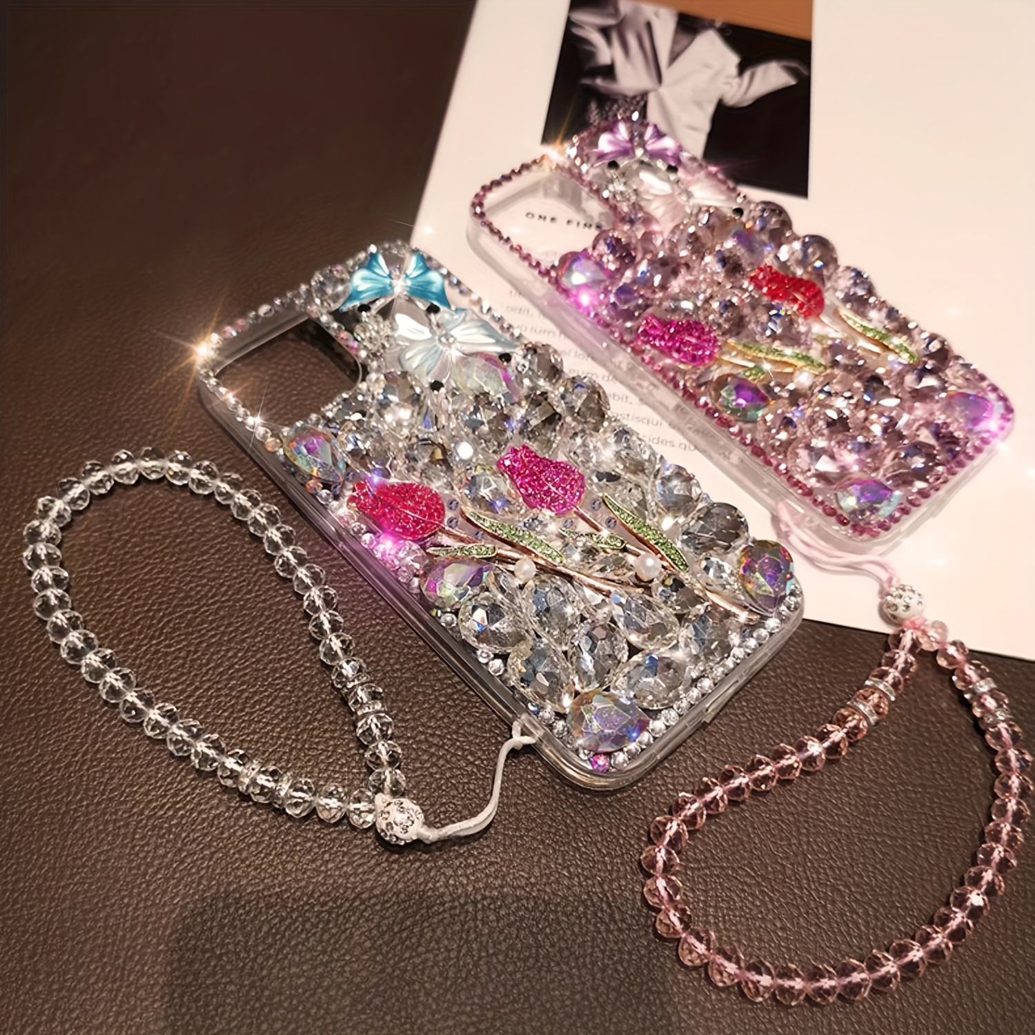 Stylish and Luxurious Double Butterfly Crystal Rose Mobile Phone Protective Case with Crystal Lanyard for iPhone16Promax Anti-Fall Mobile Phone Case