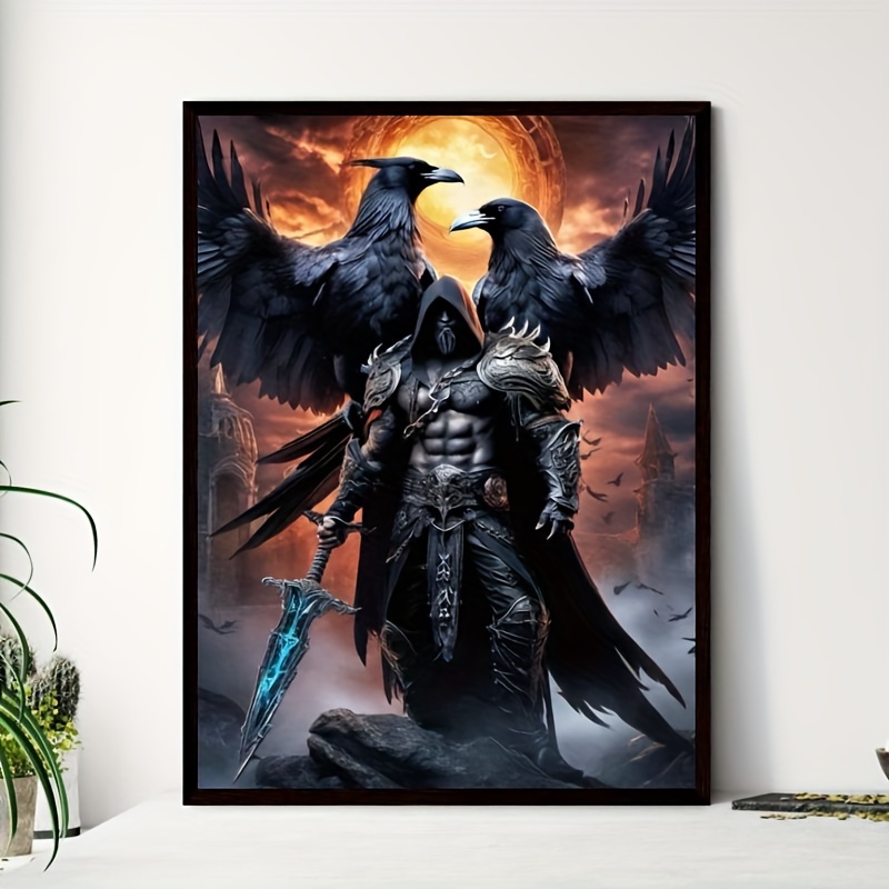 

5d Diy Diamond Painting Kit Knight Pattern, Full Drill Round Diamond Art Craft For Relaxation And Home Wall Decor, Fantasy Warrior With Crows Mosaic Canvas Supplies