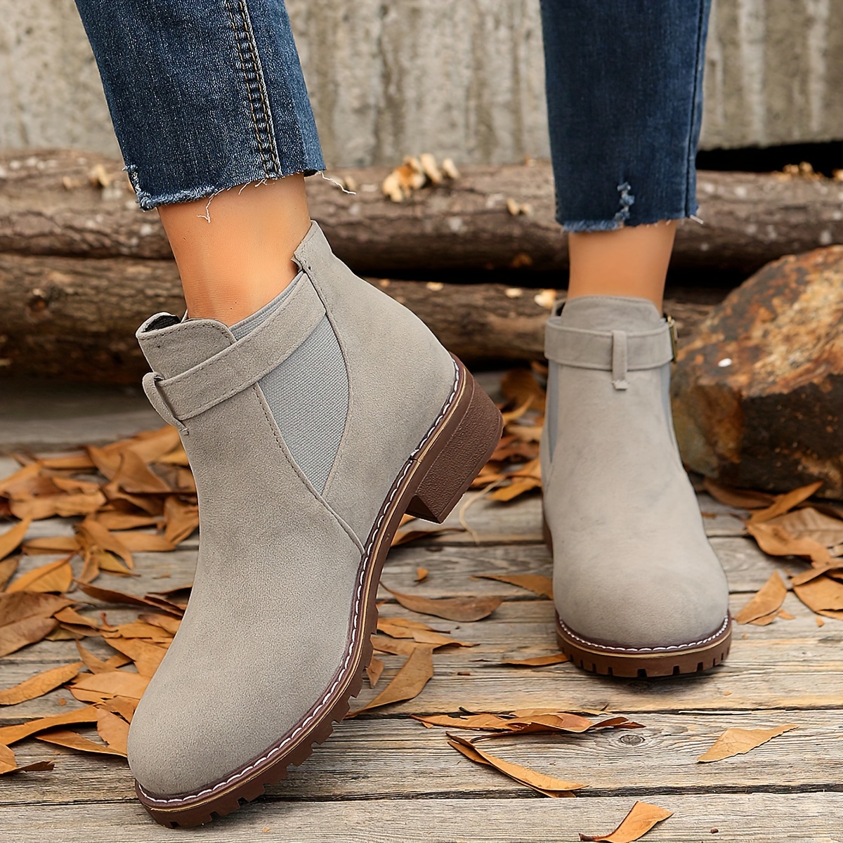 Womens Elastic Ankle Boots Single Strap Chunky Heel
