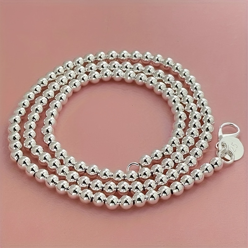 TEMU 1 Elegant 925 Sterling Silver Bead Necklace, Adjustable 16 Inches, Fashionable Round Bead Chain, Trendy Jewelry Accessory