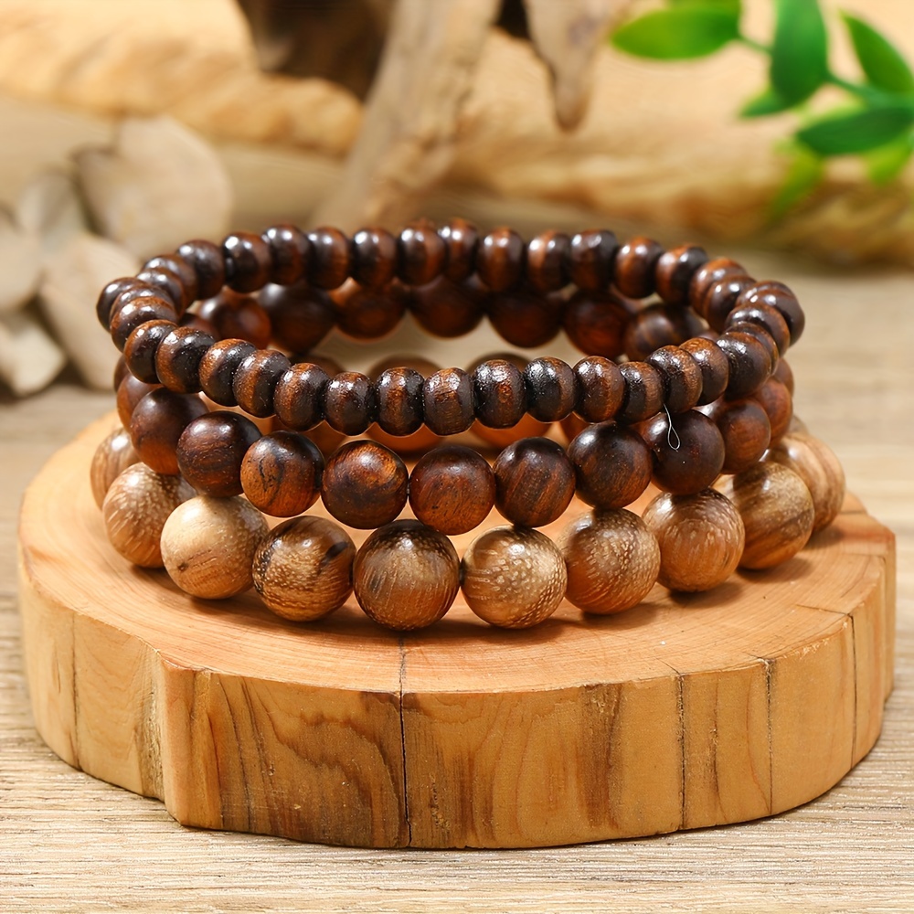 E-shop Neues 3-teiliges Set Hühnerflügel-Stretcharmbänder mit Holzperlen, handgefertigtes Vintage-Modeaccessoire mit Perlen