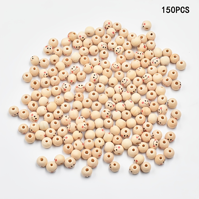 Image of 150 Wooden Beads With Faces, 10mm Natural Wood Beads For Making Craft Supplies, Wooden Beads For Necklaces, Bracelets, Keychains, And Other Accessories