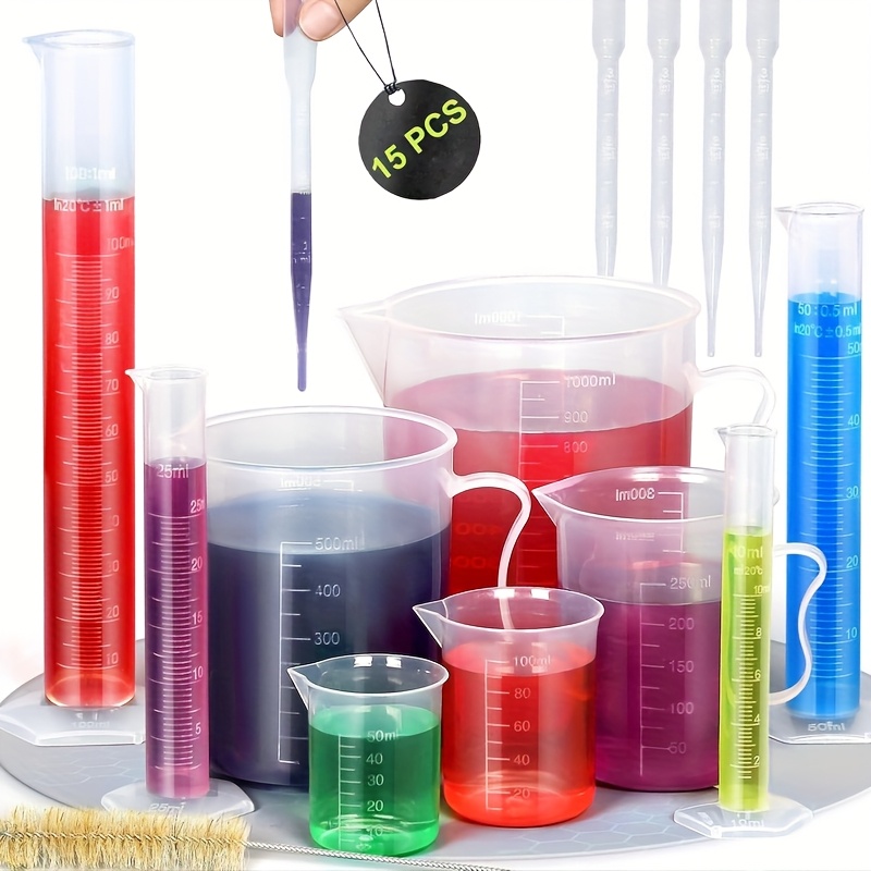 15pcs Beginner's Laboratory Equipment Set With Graduated Plastic Beakers, Plastic Measuring Cups, And Multiple Sizes, Includes Disposable Pipettes For Science Research, Diy, Use