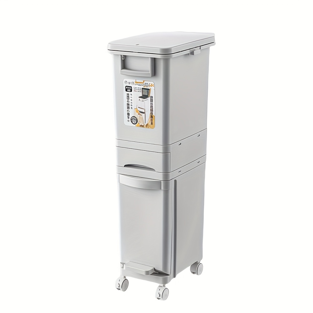 Large Kitchen Trash Can With Dual Compartment Design - High-quality Plastic, Wheeled, Foot-pedal Operation, Lid For Waste , Modern Kitchen Solution For Use, Recycling, Outdoor