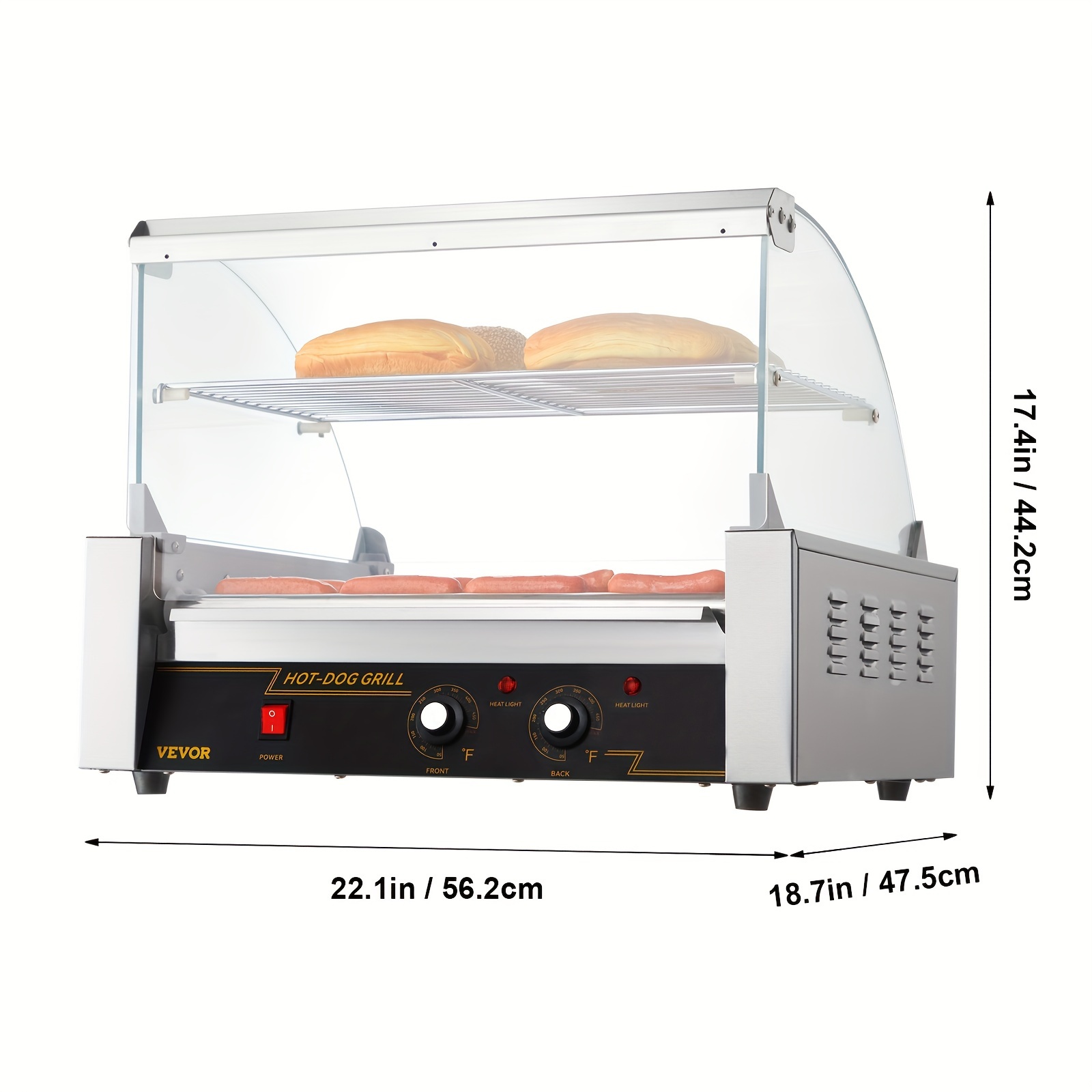  hot dog roller 11 rollers 30 hot dogs capacity 1650w stainless sausage grill cooker machine with hood acrylic cover bun warmer shelf removable drip tray etl certified details 5